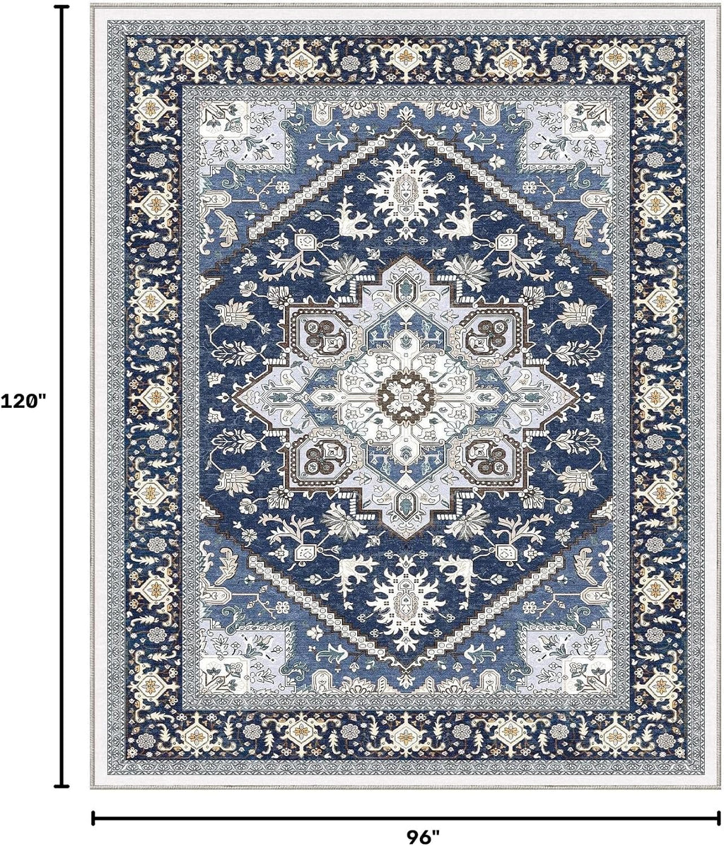OPPODREAM Soft Area Rugs 8x10, Persian-Inspired Washable Rug, Blue & Gold