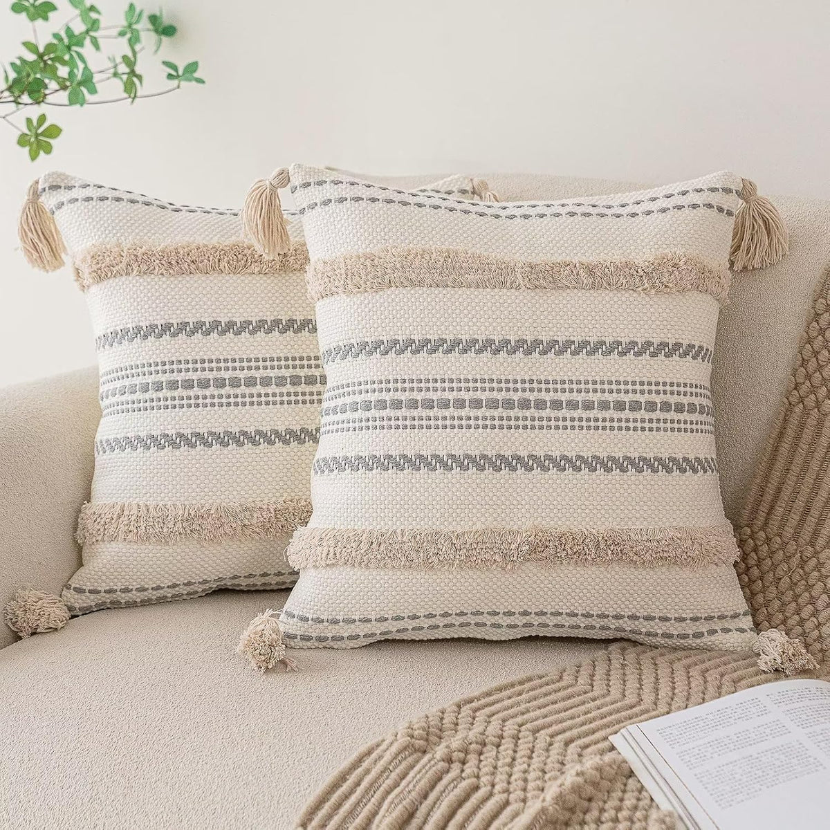 BUIOVBEY Boho Throw Pillow Covers Woven Tufted Pillow Cases with Tassels