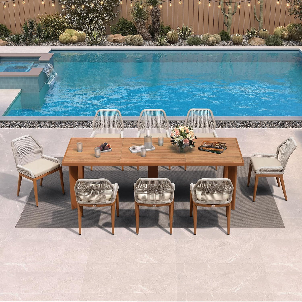 PURPLE LEAF 9 Pieces Patio Dining Set with Cushion and Backrest, Deep Teak