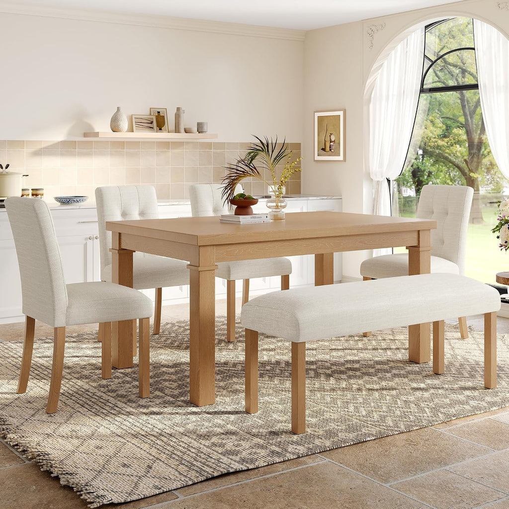 P PURLOVE 6 Piece Dining Table Set, Wood Rectangle Kitchen Table with 4 Upholstered Chairs 1 Bench for Dining Room and Living Room (Natural)