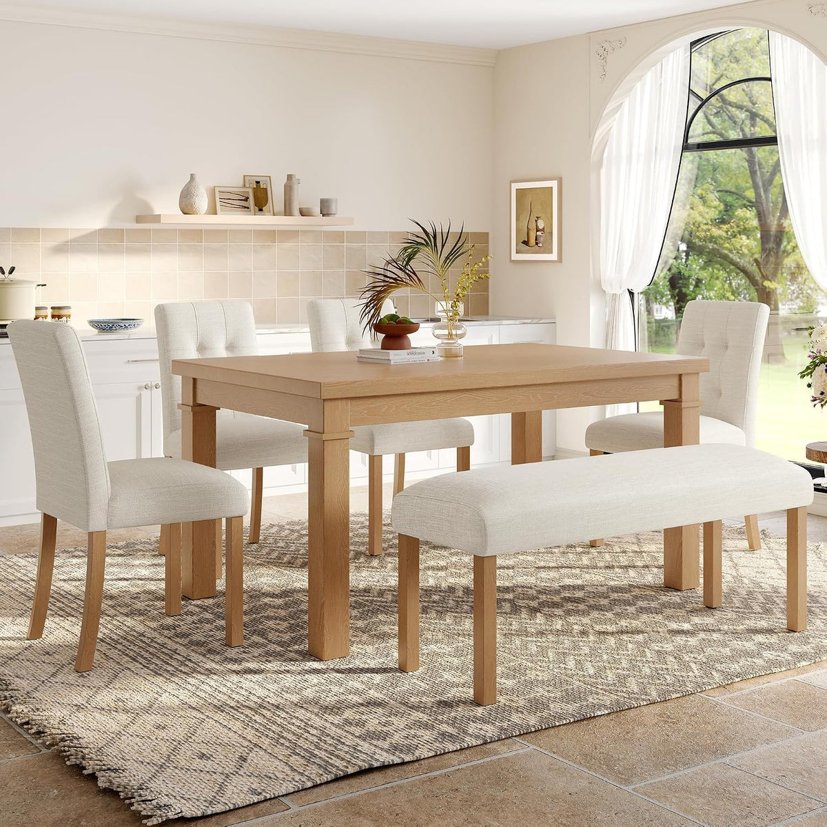 P PURLOVE 6 Piece Dining Table Set, Wood Rectangle Kitchen Table with 4 Upholstered Chairs 1 Bench for Dining Room and Living Room (Natural)