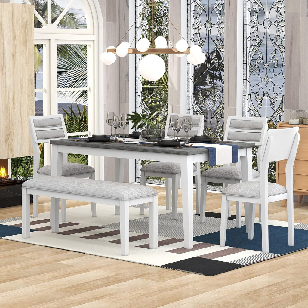 Harper & Bright Designs Classic and Traditional Style 6 - Piece Dining Set, Includes Dining Table, 4 Upholstered Chairs & Bench (White+Gray), (ST000043AAK-MZJ)