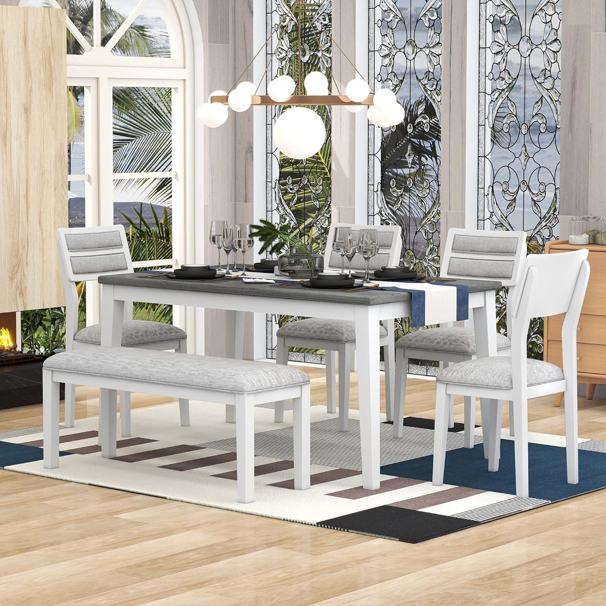 Harper & Bright Designs Classic and Traditional Style 6 - Piece Dining Set, Includes Dining Table, 4 Upholstered Chairs & Bench (White+Gray), (ST000043AAK-MZJ)