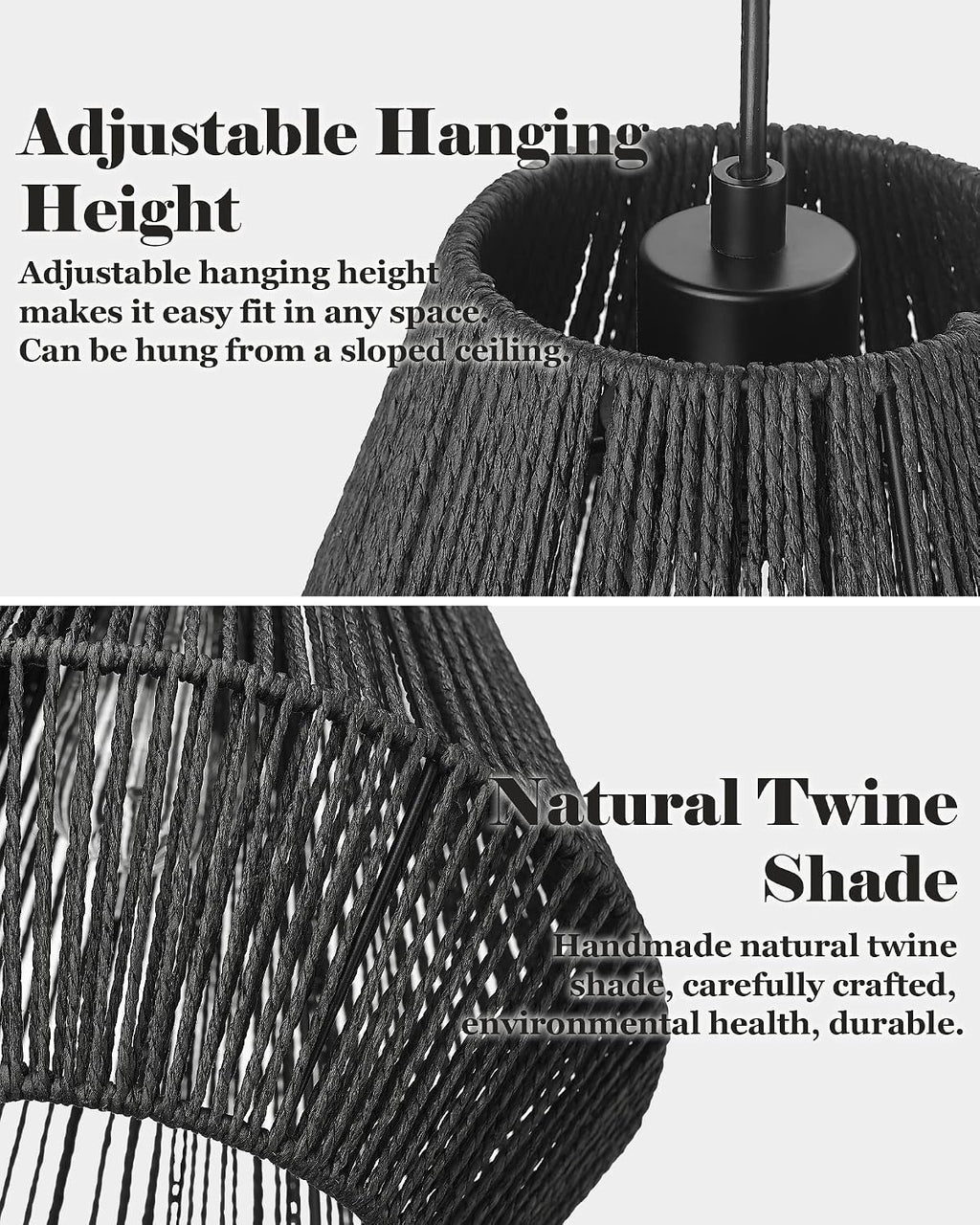 ELYONA Modern Woven Pendant Light Fixtures, 7" Farmhouse Coastal Hanging Lamp, Matte Black Handwoven Rattan Basket Shade, Boho Pendant Light for Kitchen Island Bar,Dining Room, Bedroom,Hallway 3 Pack
