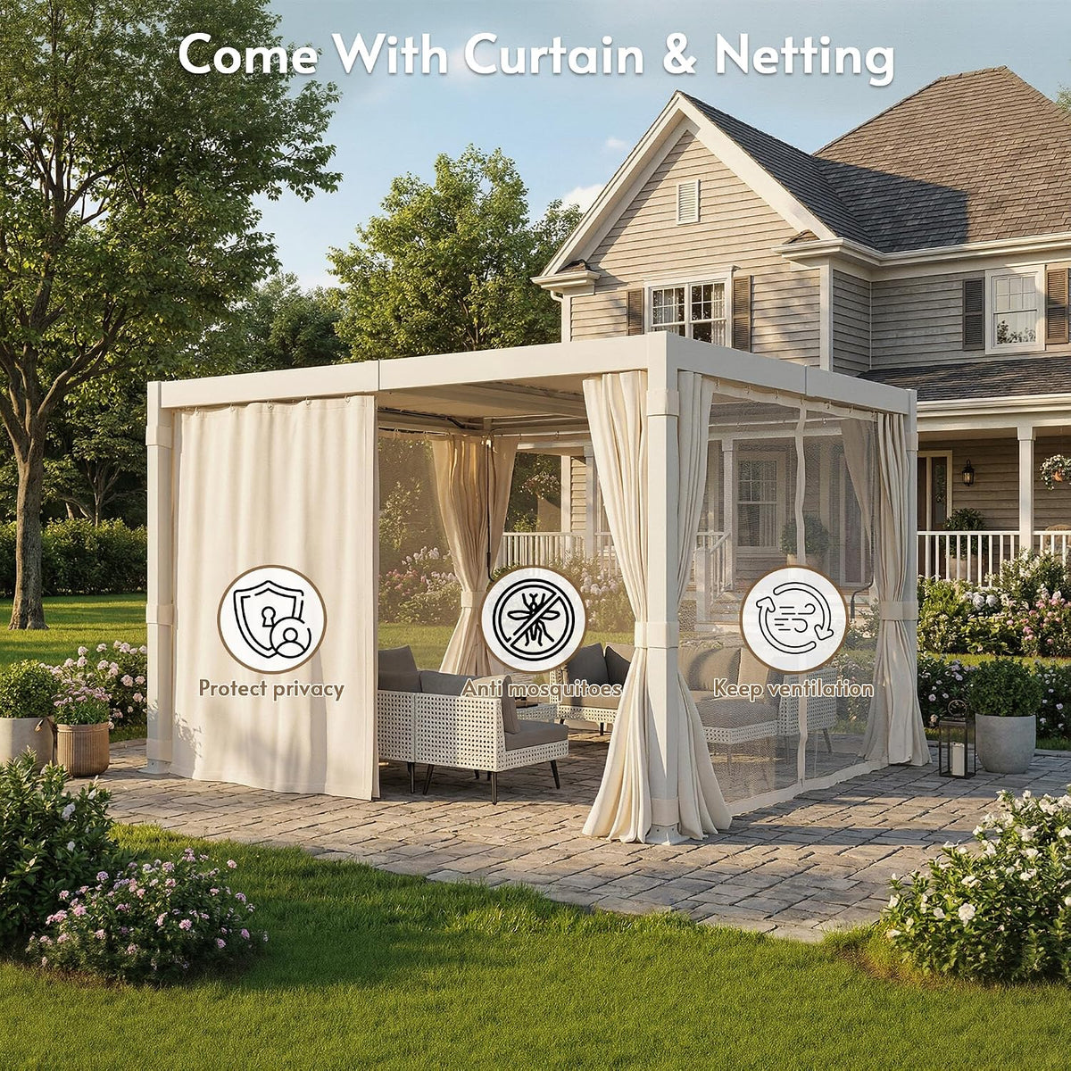 10x12FT Aluminum Outdoor Louvered Pergola with Screens & Netting