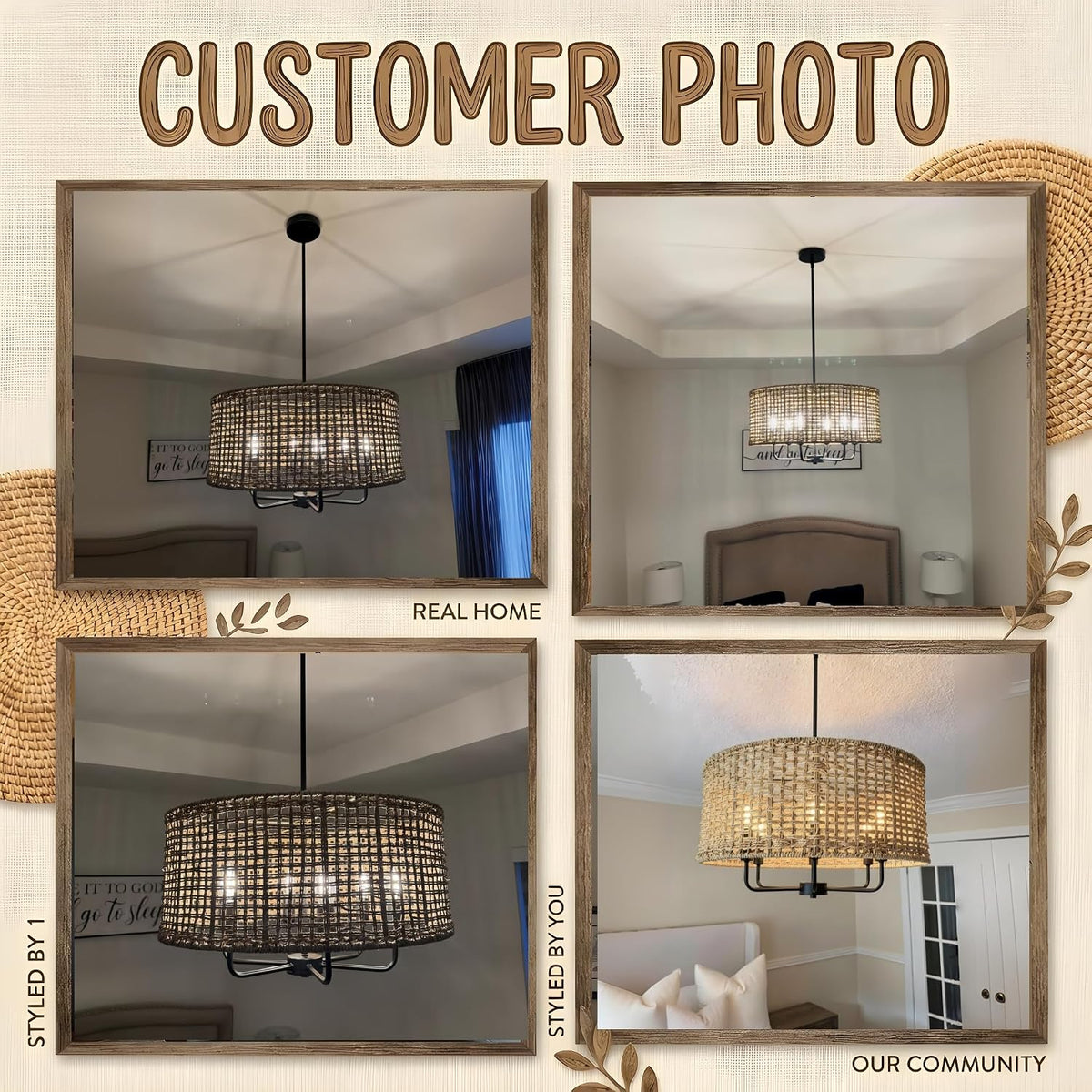 21.6" large rattan chandelier, 6-light boho pendant light, package contents