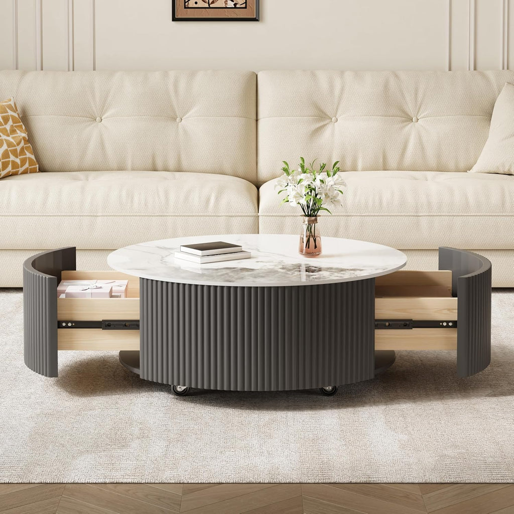 Round Coffee Table with Storage, Modern Movable Coffee Table with Marble Patter Sintered Stone Top and Wheels, Grey