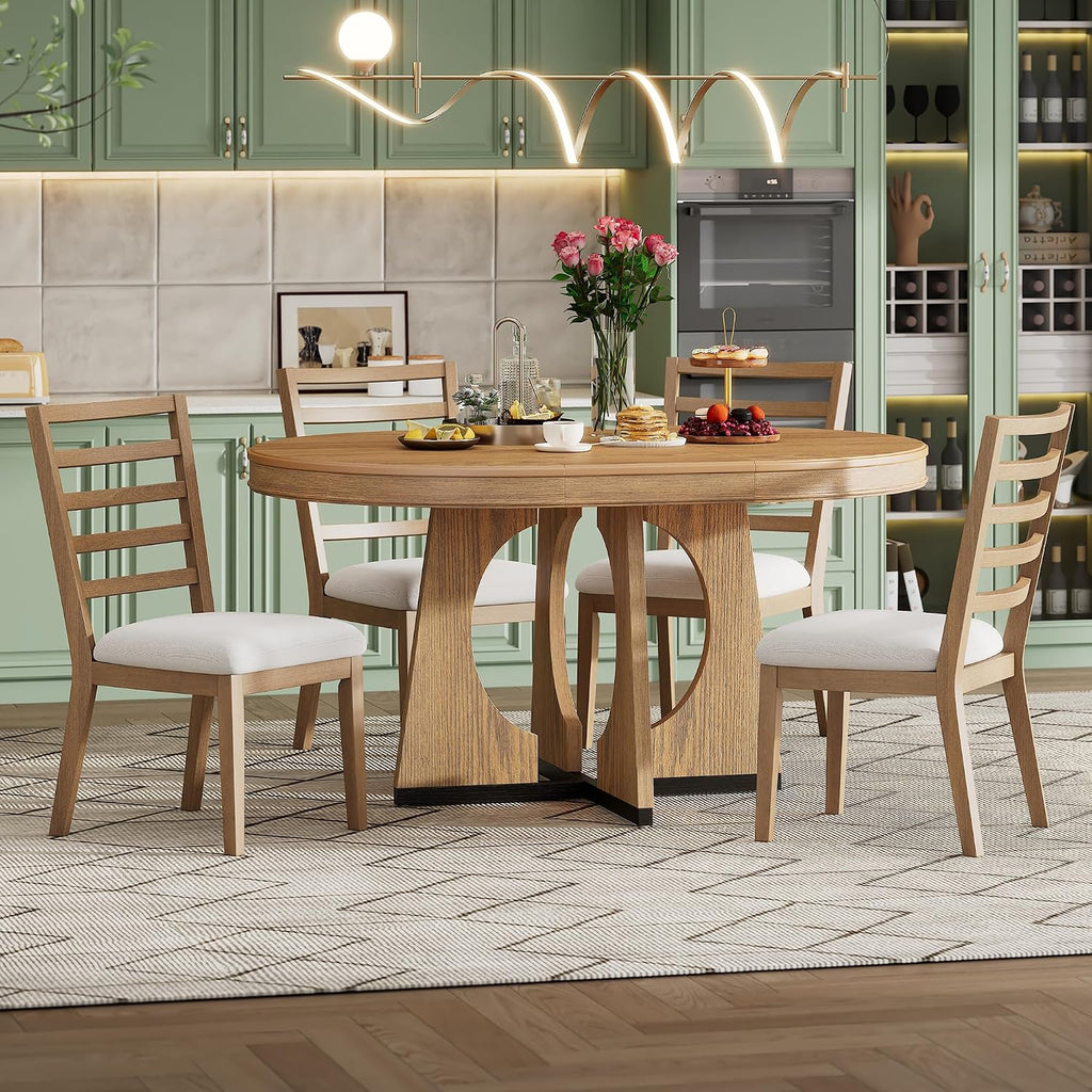 Knocbel Extendable Round Dining Table Set for 4-6, Round Dining Table with 4 Upholstered Chairs, Oval Table & Chair Sets with Unique Geometric Design for Living Room Kitchen, Natural