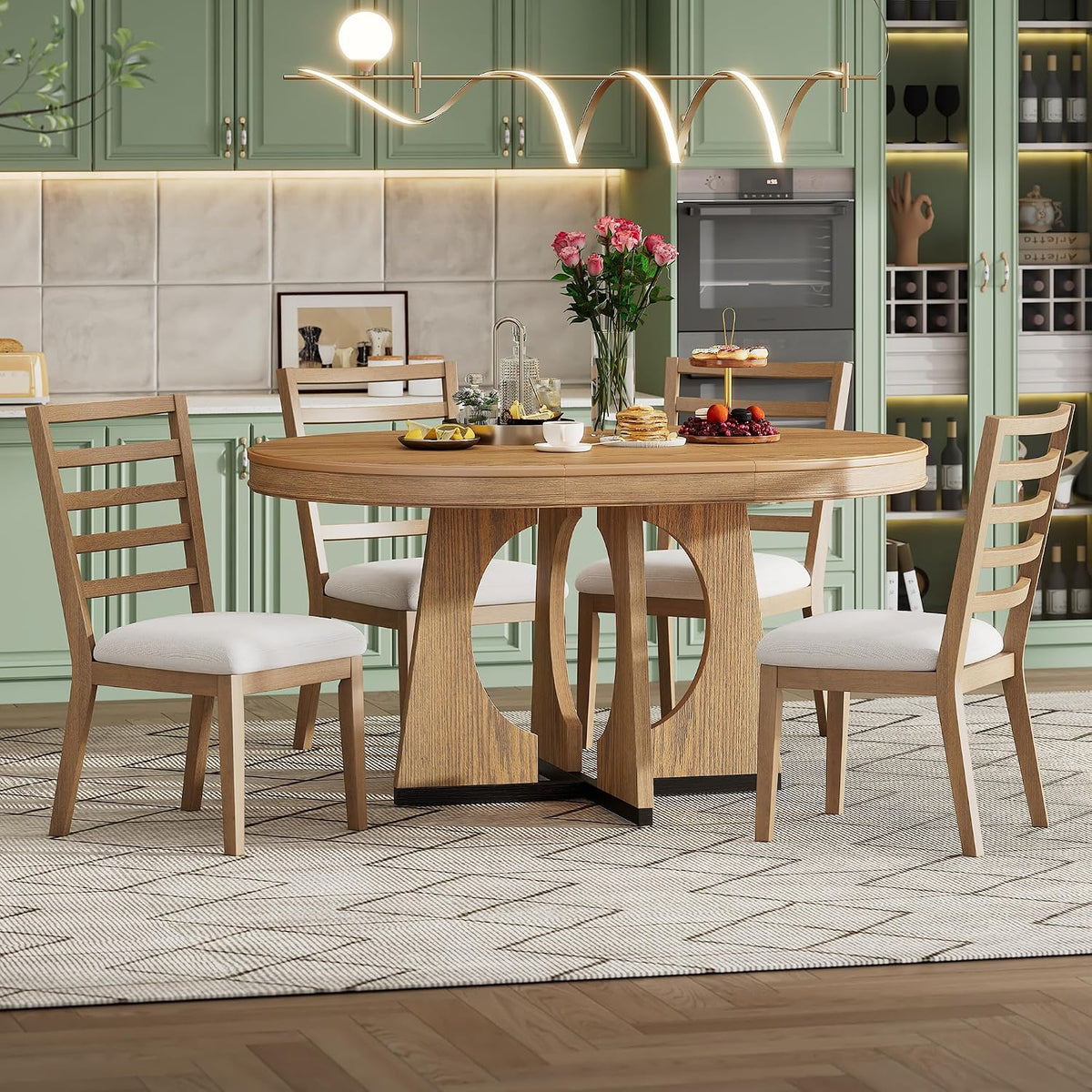 Knocbel Extendable Round Dining Table Set for 4-6, Round Dining Table with 4 Upholstered Chairs, Oval Table & Chair Sets with Unique Geometric Design for Living Room Kitchen, Natural