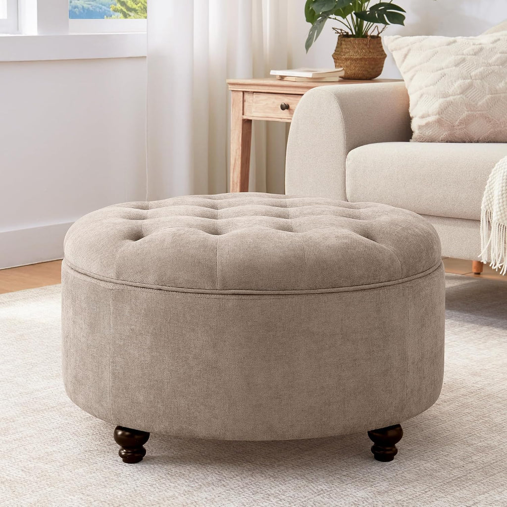HUIMO 30-Inch Round Storage Ottoman, Button Tufted Coffee Table(Brown)