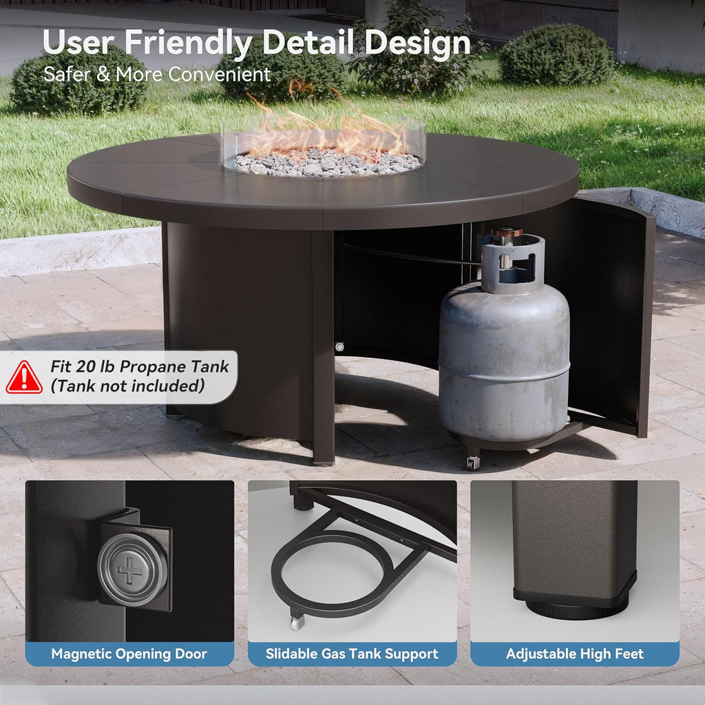 5 Piece Metal Outdoor Patio Furniture Set with 48"/55000 BTU Round Fire Pit Table,Outdoor Dining Table Set 4 Swivel Chairs No-Slip Cushions and Waterproof Covers,Sand
