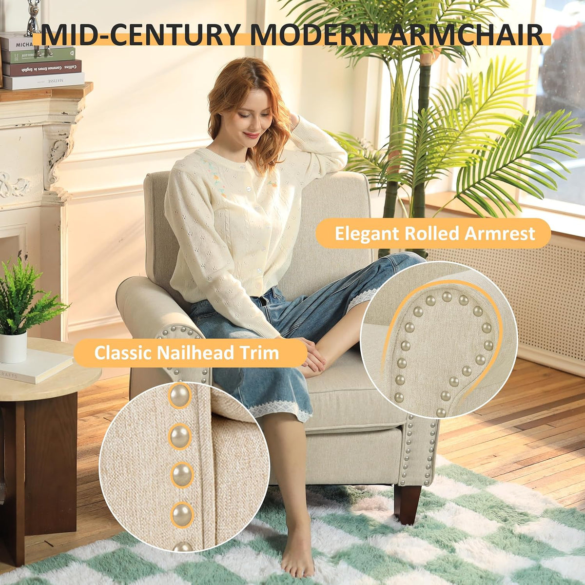 PrimeZone Comfy Accent Chairs Set of 2, Mid-Century Modern Arm Chair, Beige