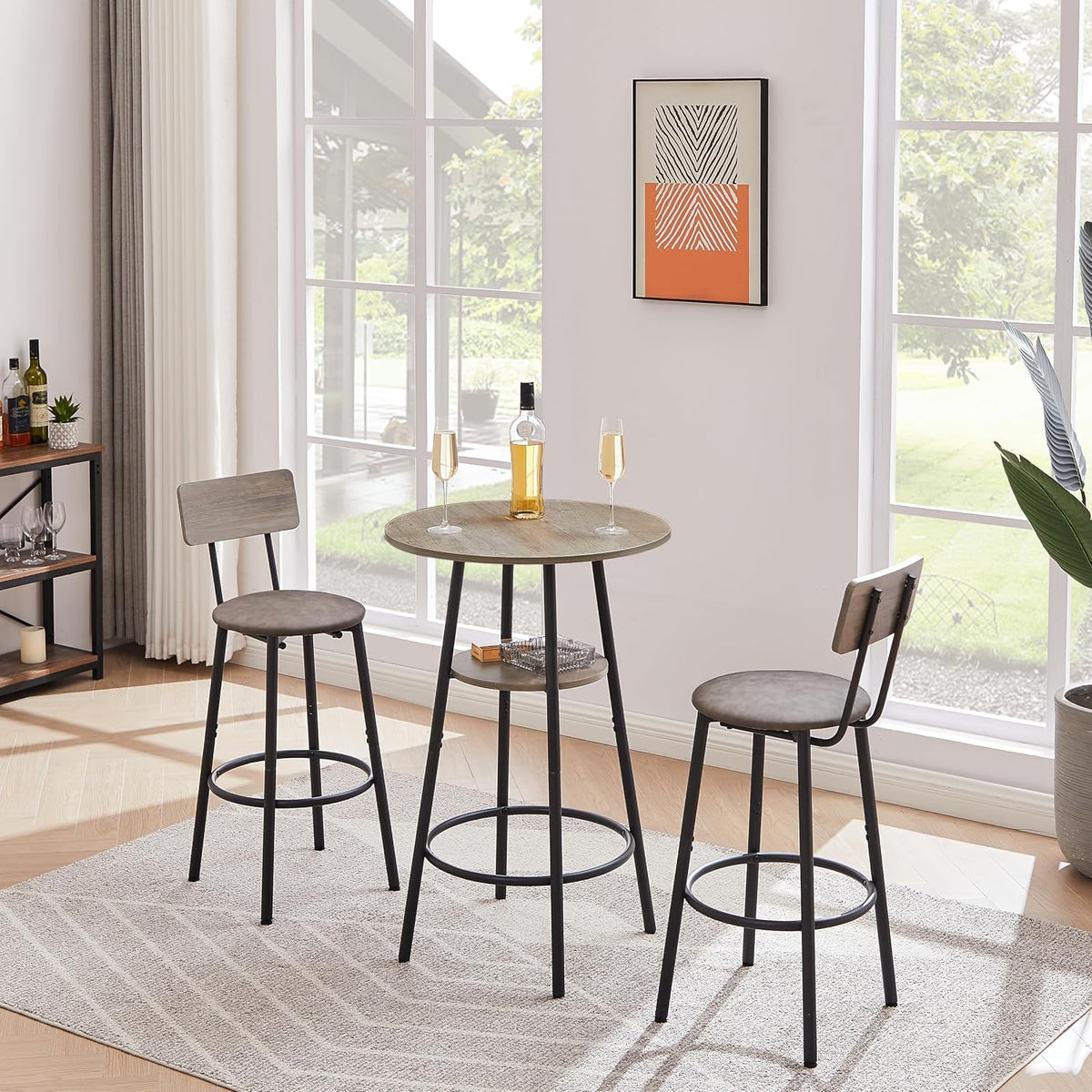 3 Piece Round Bar Table Set with Storage Shelf, Bistro Pub Counter Height Table and 2 Upholstered High Stools, Industrial Kitchen Breakfast Nook for Dining Room, Small Space, Gray