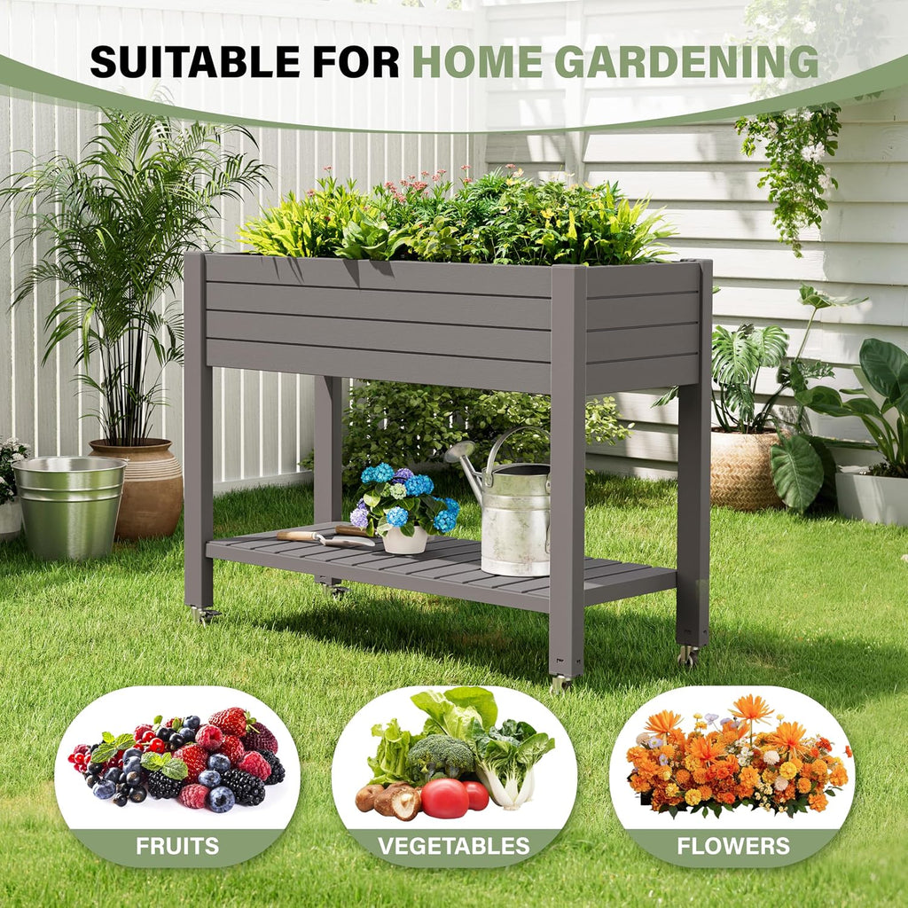 Elevated Raised Garden Bed with Wheels,Planter Box,Gray-33.7" h