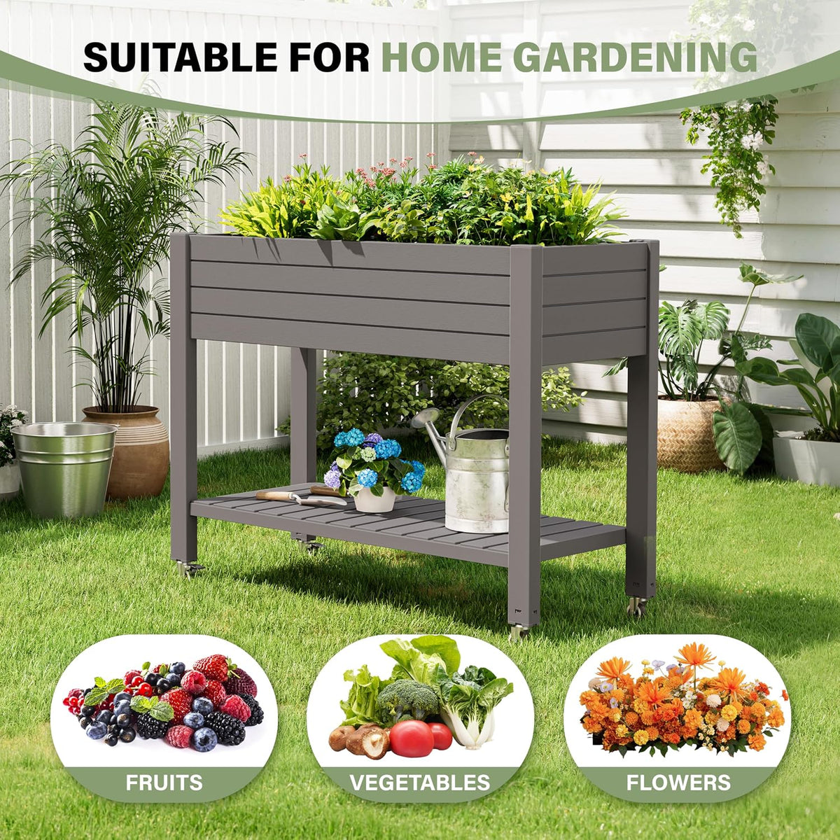 Elevated Raised Garden Bed with Wheels,Planter Box,Gray-33.7" h