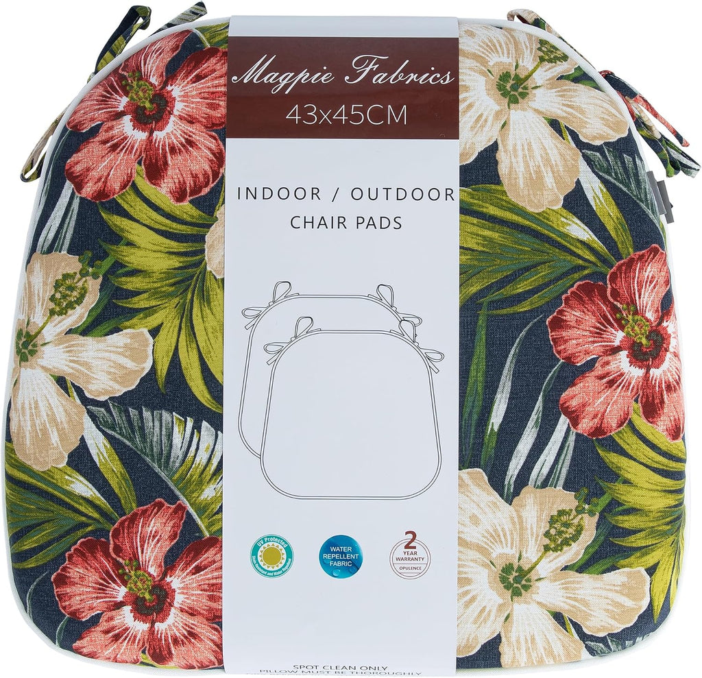 magpie fabrics outdoor/indoor 17"x16"x2" chair cushions with ties on a desk or shelf