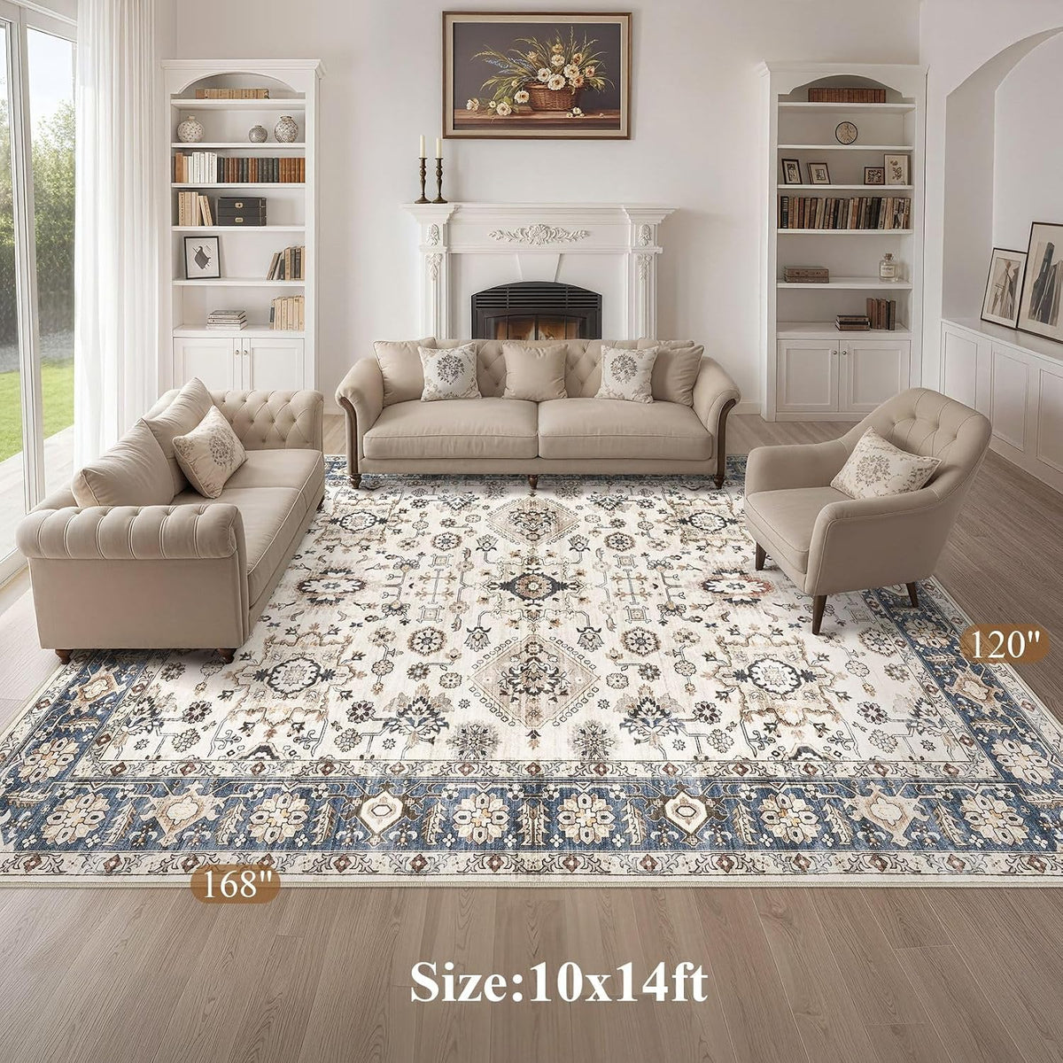 10x14 Washable Area Rug for Living Room, Vintage Pattern