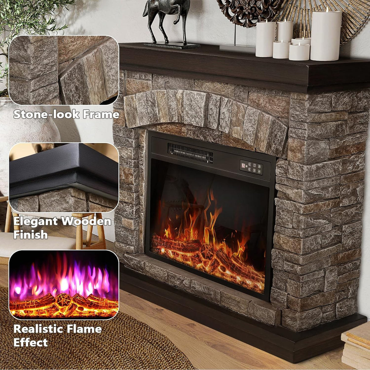 PUKAMI Electric Fireplace with Mantel, Realistic Stone Finish Freestanding Heater TV Stand, 3D Log Flame Effect with Remote Control, 750W/1500W