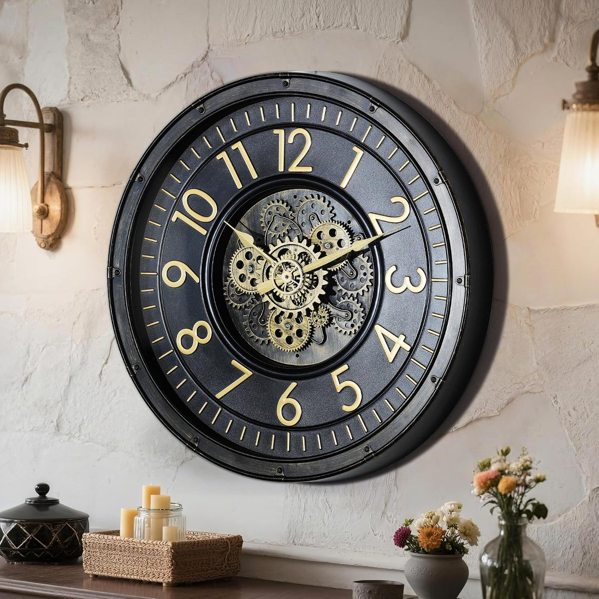 AYRELY® 24IN Decorative Moving Gear Large Wall Clock, Oversized Industrial Steampunk Gears, Big Numerals Wall Clock for Modern Living Room Decor (Black)