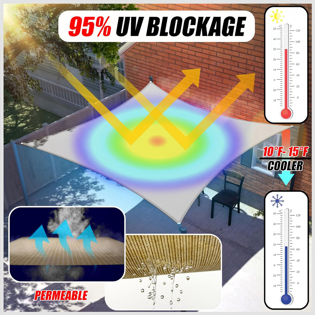 Colourtree 10' x 16' Beige Sun Shade Sail Rectangle Canopy Fabric Cloth Screen, Water Permeable, UV Block UPF50 & Heavy Duty, Carport Patio Outdoor (We Customize Size)