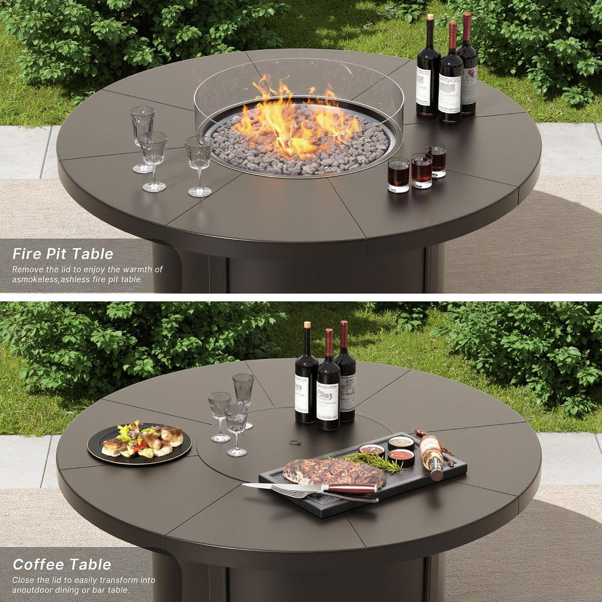 7 Piece Metal Outdoor Patio Furniture Set with 48"/55000 BTU Round Fire Pit Table,Outdoor Dining Table Set 6 Swivel Chairs No-Slip Cushions and Waterproof Covers,Sand