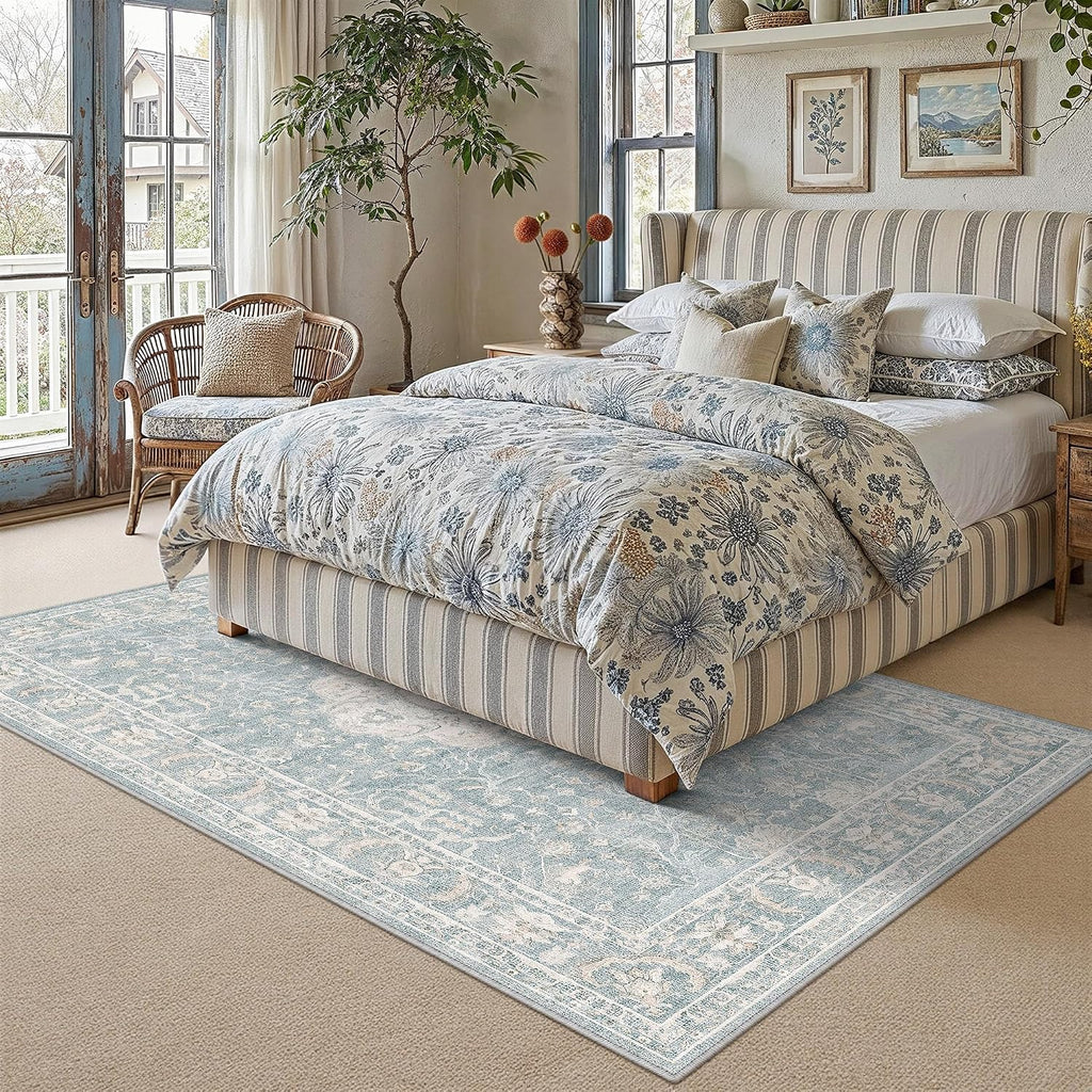 PureCozy Blue 6x9 Washable Area Rug for Living Room Vintage Medallion