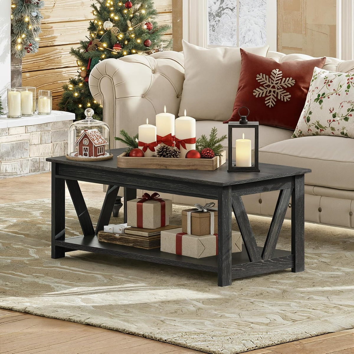 WLIVE Coffee Table, 43.3 Inch Farmhouse Table with Storage Shelf, Black