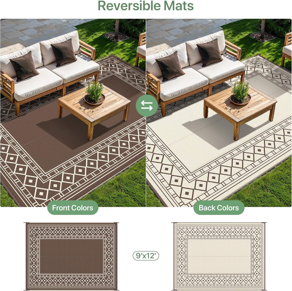 GENIMO Outdoor Rug, Waterproof Plastic Rugs for Patio, 9'x12' Coffee Beige