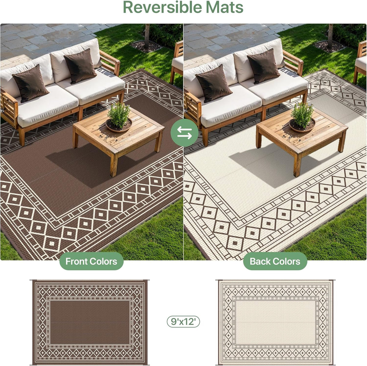 GENIMO Outdoor Rug, Waterproof Plastic Rugs for Patio, 9'x12' Coffee Beige
