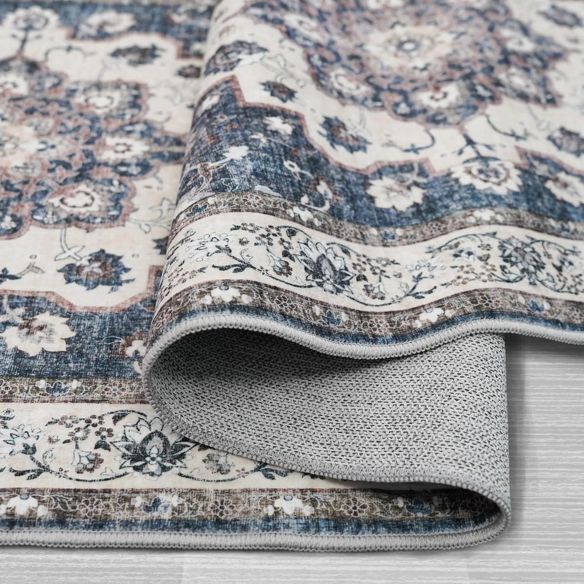 Washable Living Room Area Rug - 9 x 12 Stain Resistant Medallion Soft Bedroom Rugs Distressed Design Non Shedding Carpet for Indoor Outdoor Floor Cover Durable Easy-Clean Low Pile Rug (9x12 Blue)
