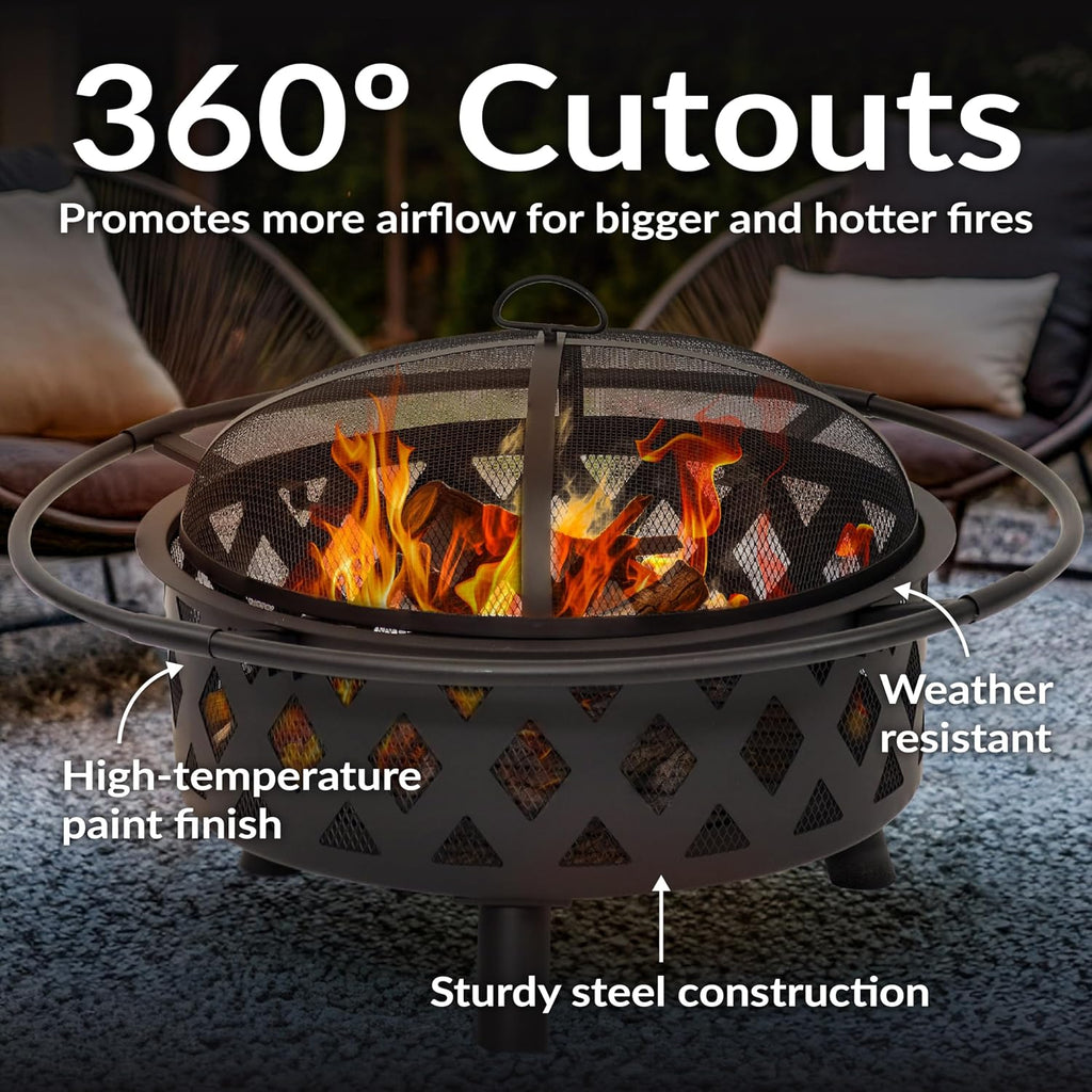 Sunnydaze Crossweave 30" Small Outdoor Fire Pit, Wood Burning, Round