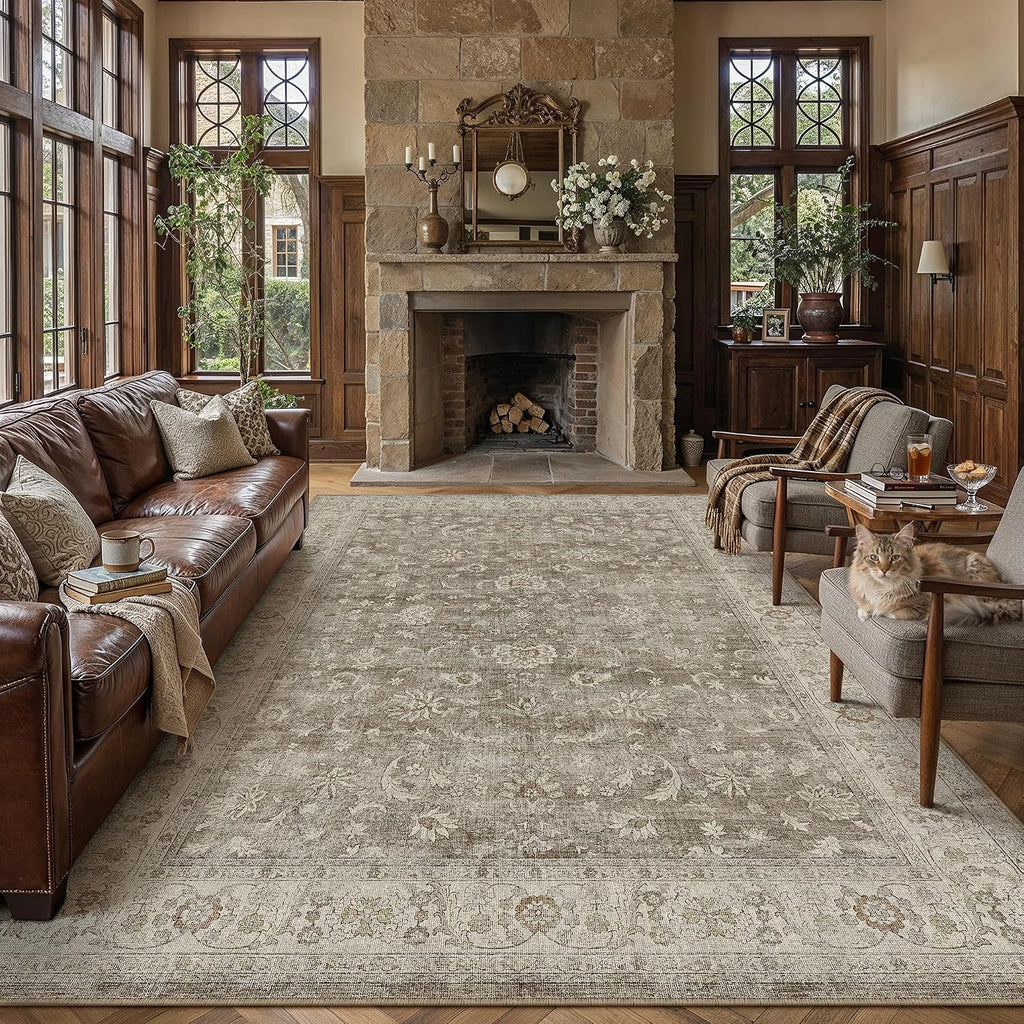 PureCozy Brown Gray Area Rug 8x10 Vintage Floral Distressed