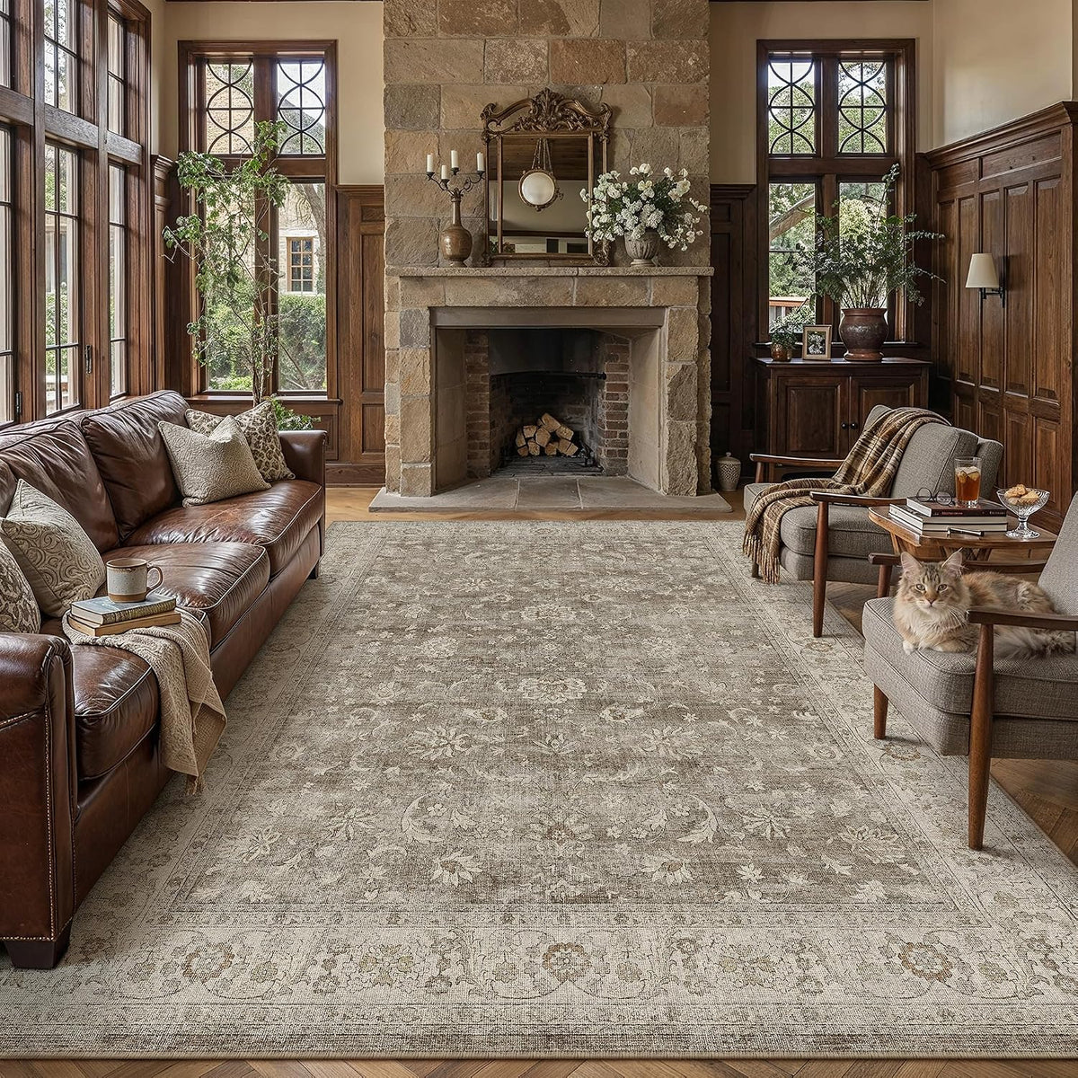 PureCozy Brown Gray Area Rug 8x10 Vintage Floral Distressed