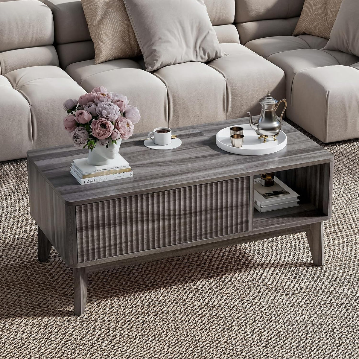 LYNCOHOME Fluted Lift Top Coffee Table with Storage,Modern Center Table for Living Room, Home Office（Grey）
