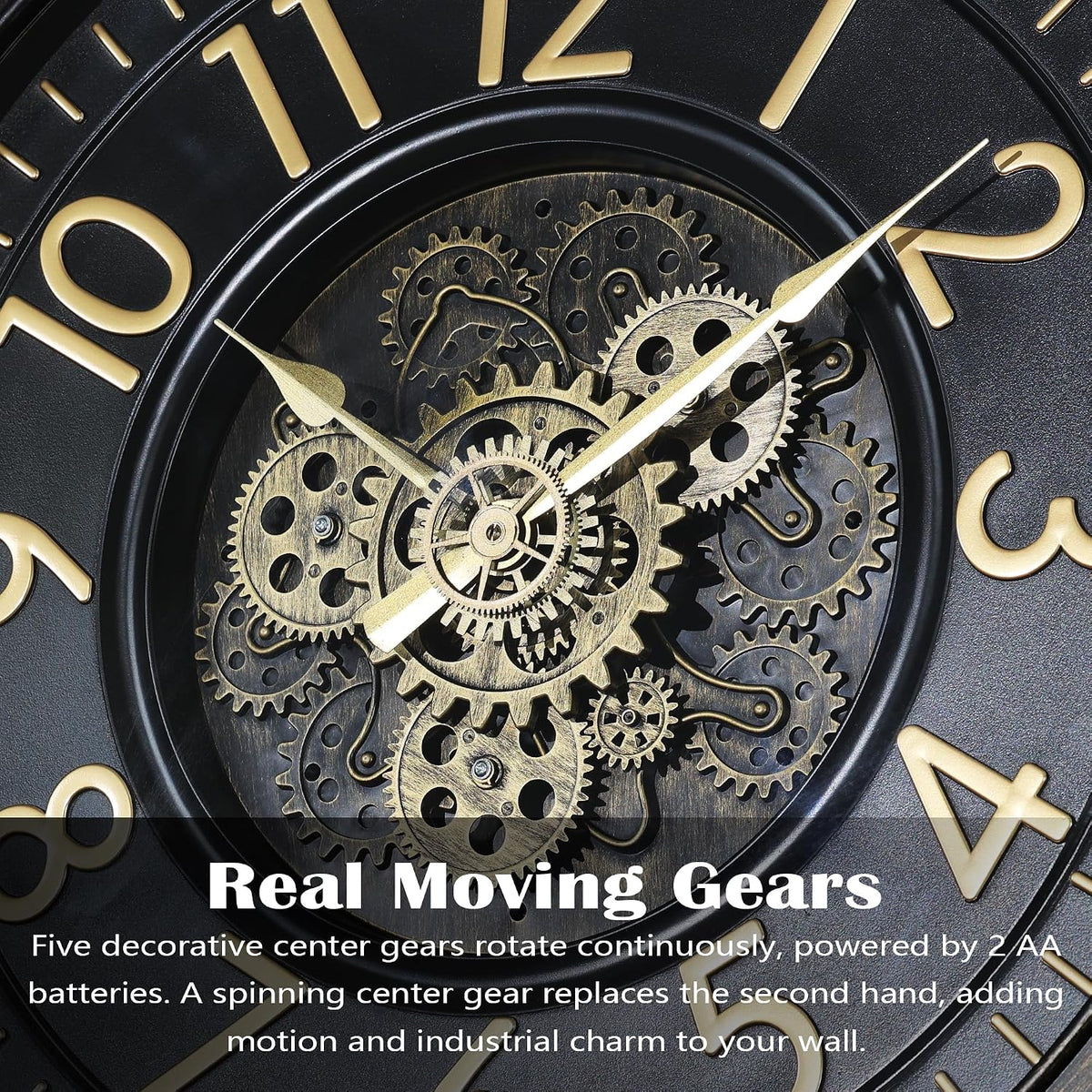 AYRELY® 24IN Decorative Moving Gear Large Wall Clock, Oversized Industrial Steampunk Gears, Big Numerals Wall Clock for Modern Living Room Decor (Black)