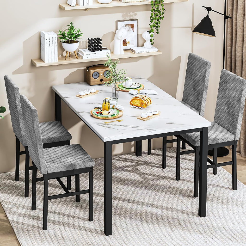 DKLGG Dining Table Set for 4, Faux Marble Kitchen Table with Velvet Upholstered Dinner Chairs, Small Dining Room Sets for Small Space Apartment Home