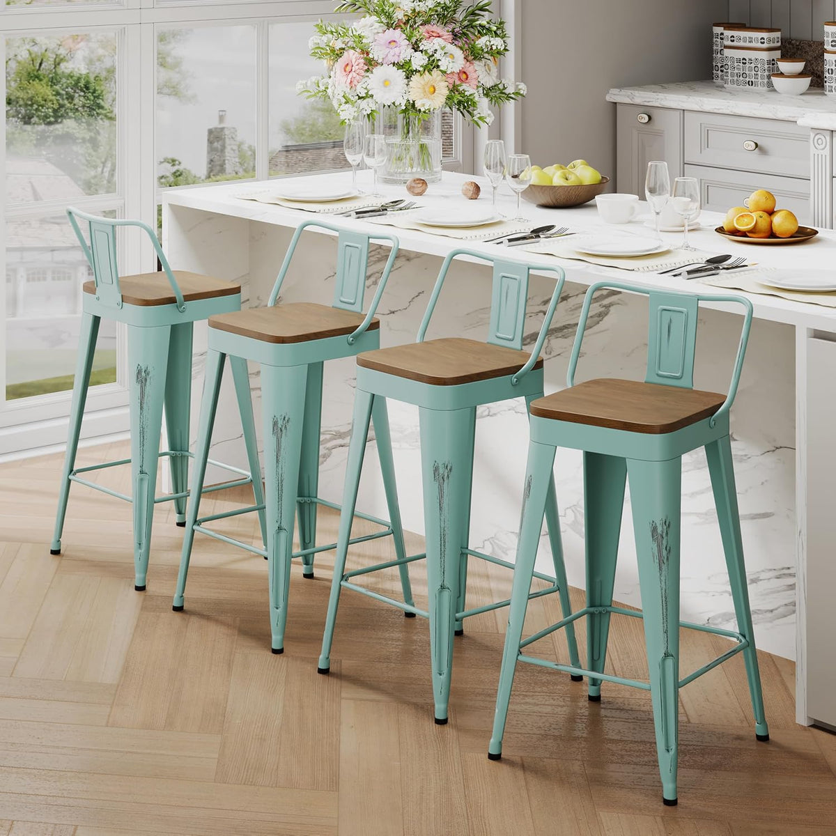 Andeworld Bar Stools Set of 4, 24" Distressed Barstools, Green Blue