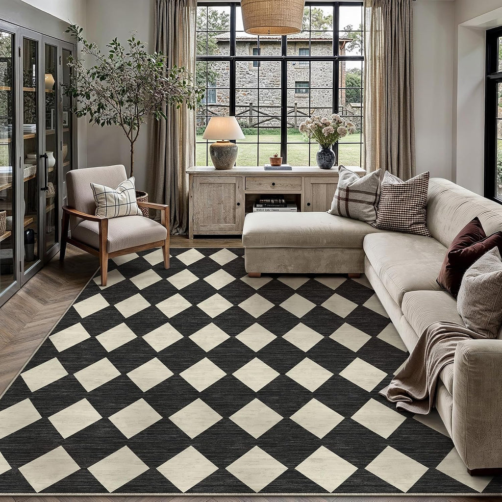 PureCozy Black 8x10 Washable Area Rug Living Room Non Slip Checkered Carpet