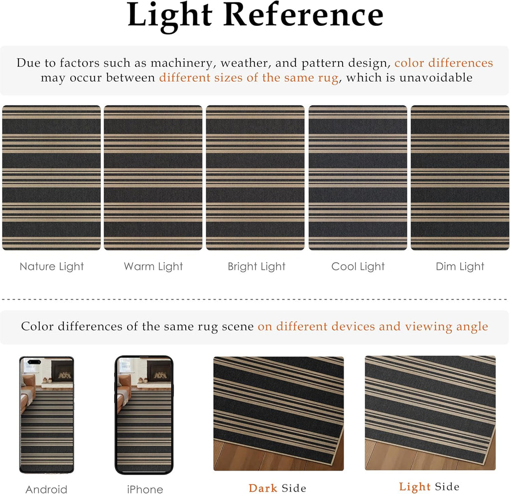 PureCozy Outdoor Rug 5x7 Washable Striped Jute Look Non Slip Carpet