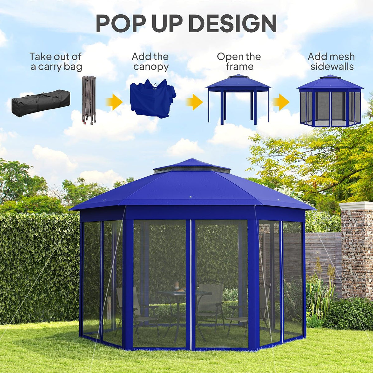 Outsunny 13' x 13' Pop Up Gazebo, Hexagonal Event Tent, Dark Blue and Black