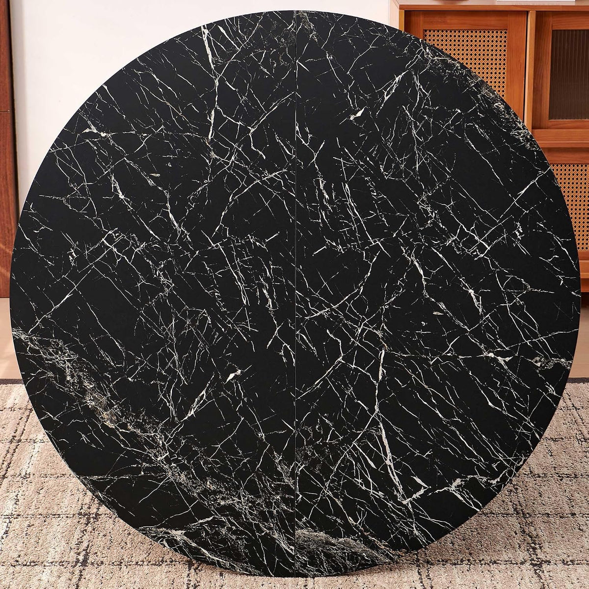 Dining Table Set for 4, Mid Century Modern 47 Inch Black Marble-Look Wooden Round Dining Table Set, Space Saving (Table + 4 Green Chairs)
