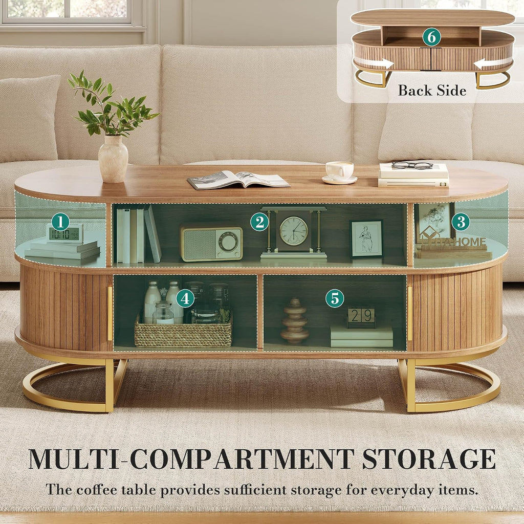 YITAHOME 47.2" Oval Coffee Table with Sliding Doors, Storage, Natural Oak