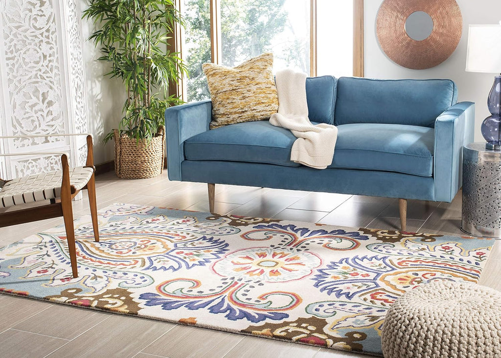 SAFAVIEH Area Rug 8x10 - Bella Collection - Large - Ivory & Teal, Handmade Wool, Boho Design, Ideal for Living Room, Bedroom, Office, Dining Space (BEL118A)