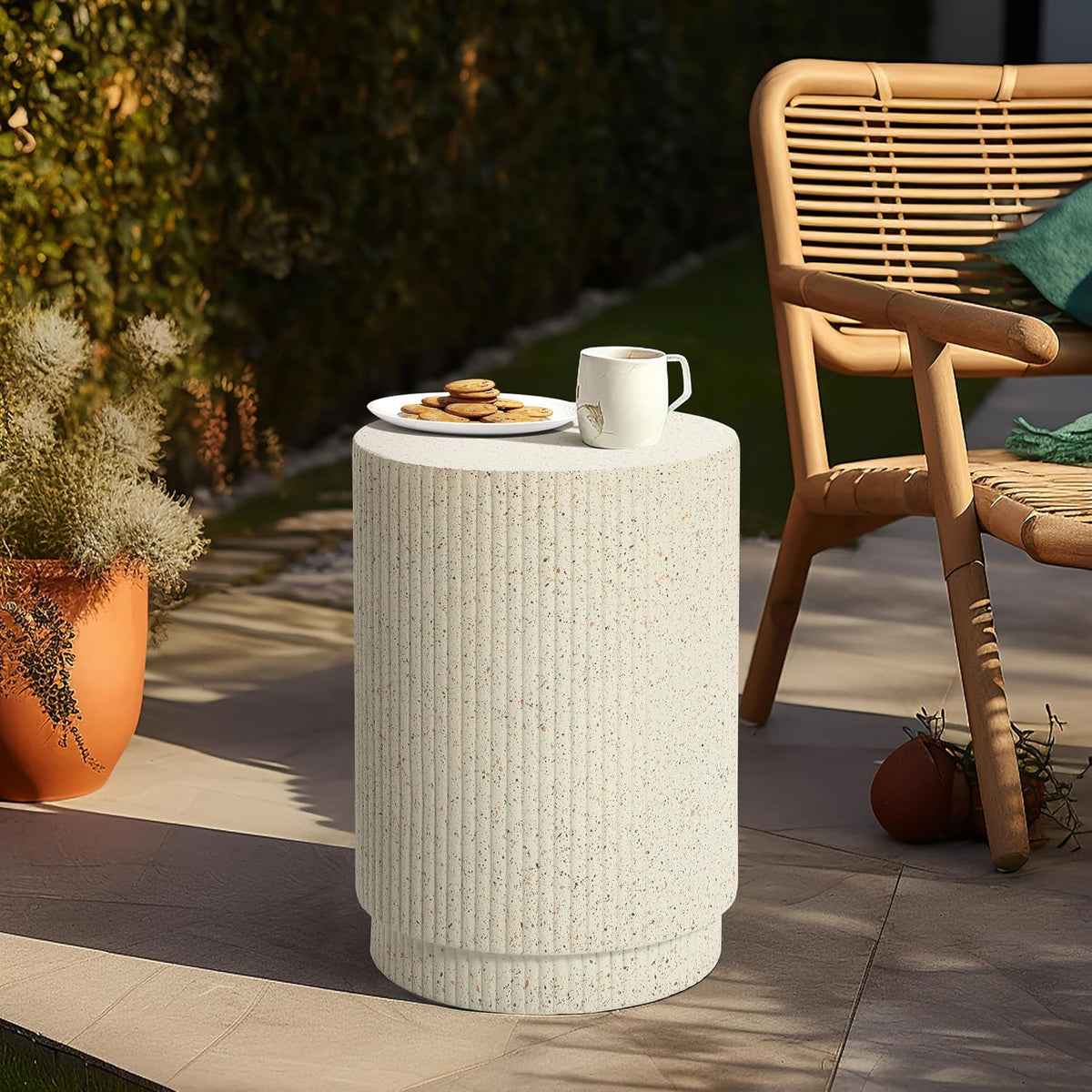 LuxenHome 18" Cement Outdoor Side Table, Cream Round End Tables for Patio