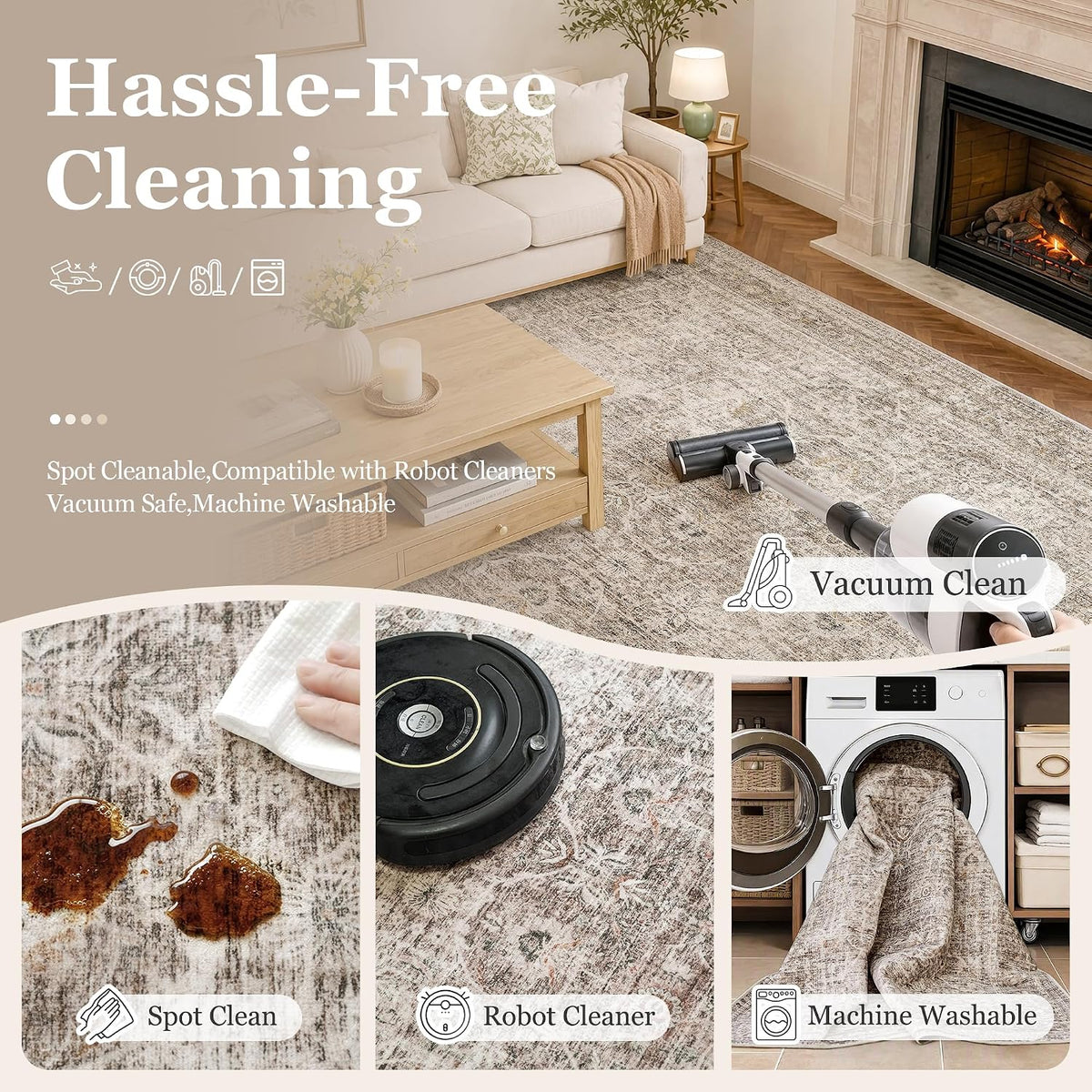 FMFUNCTEX 9x12 Washable Taupe Vintage Distressed Area Rug for Living Room