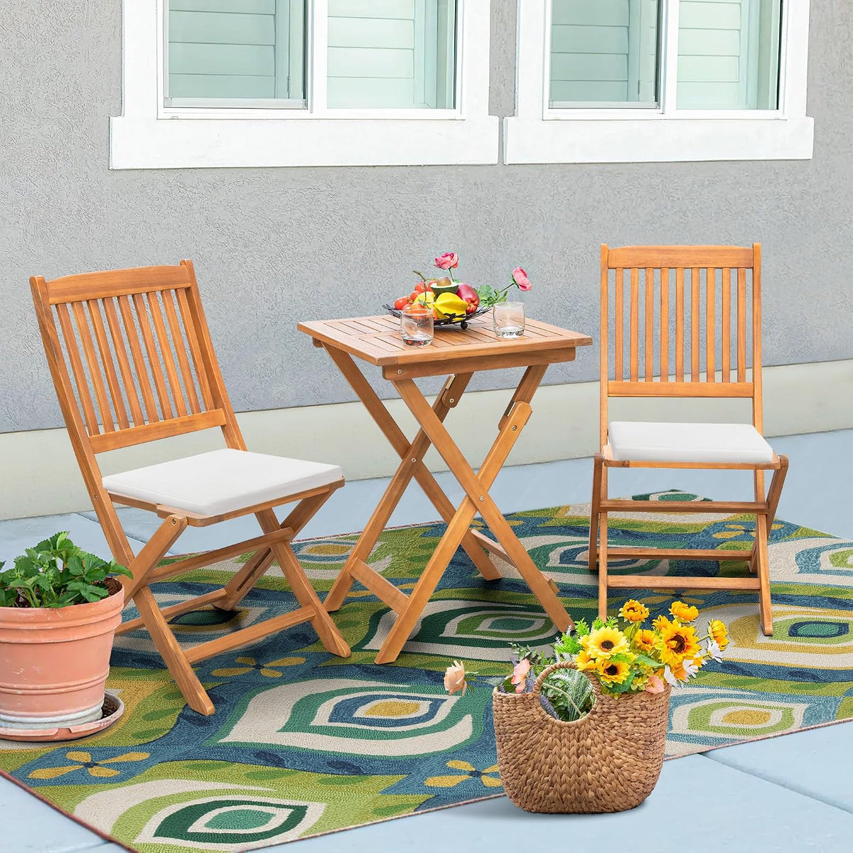 Flamaker 3 Piece Acacia Wood Folding Bistro Set Outdoor (Natural)