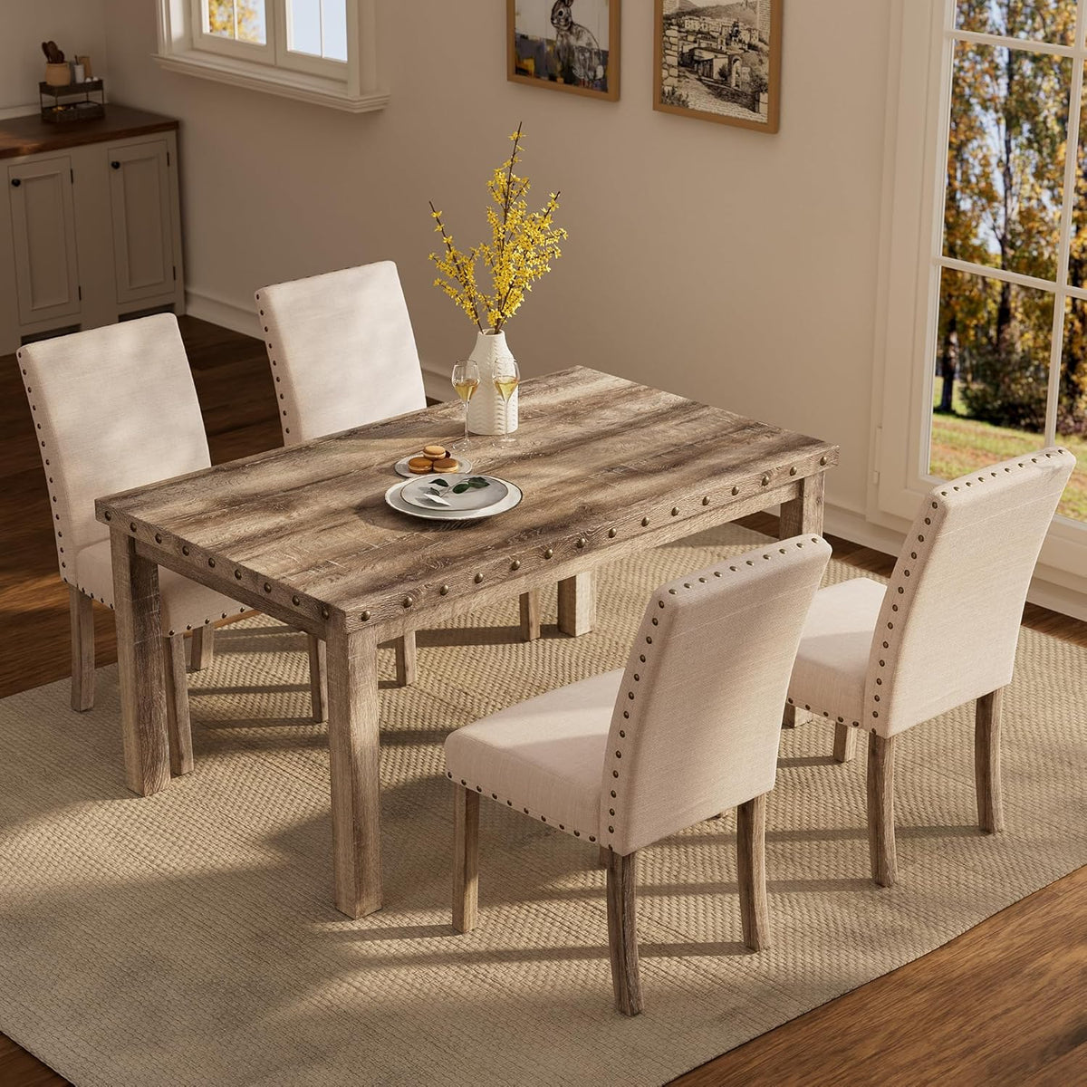 Modern Fort 5-Piece Farmhouse Dining Table Set for 4, 60" Rectangular Wood Dining Table with 4 Upholstered Chairs, Nailhead Trim, Kitchen Table with Chairs Set for Dining Room & Breakfast Nook