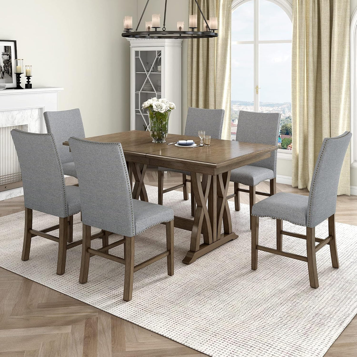 Mid-Century Extendable Dining Table Set for 6, Solid Wood 7-Piece Dining Table Set with 6 Upholstered Chairs and 12" Leaf, Home Breakfast Kitchen Dining Room Set for 6, Retro X Cross Trestle Base