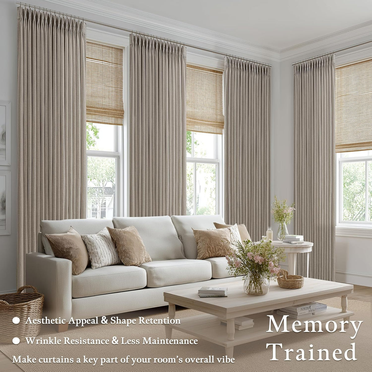 Taupe Pleated Linen Light Filtering Curtains 102 Inches Long 50 Inch Wide