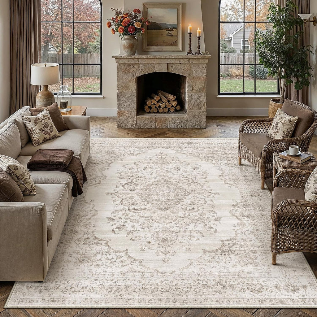 8x10 Taupe Washable Neutral Area Rug Living Room
